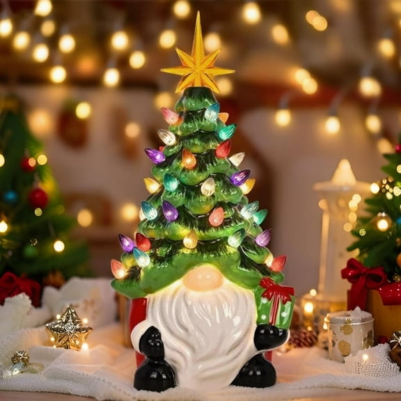 Christmas Decor - Lighted Christmas Tree Gnome, Ceramic Gnome Christmas Tree, Lifelike Resin Gnomes Ornament with Glowing Color Lights for Tabletop Home Room