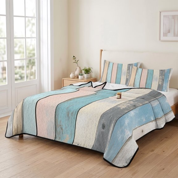 3 Piece Summer Bed Quilt Set Queen Size,Farmhouse Pink Yellow Brown Wood Grain Lightweight Bedspread Coverlet with 2 Pillowcases Farm Wooden Soft Comforter Bedding Quilts for All Season