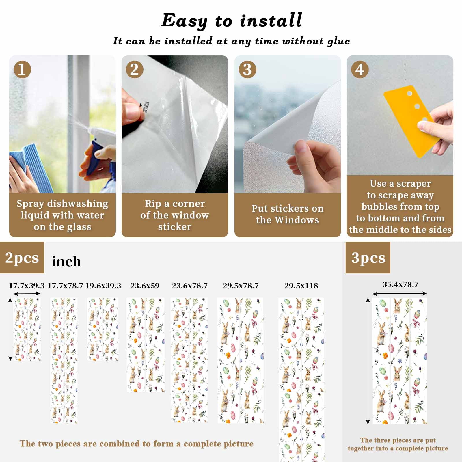 Easter Rabbits Window Privacy Film, Colorful Eggs Leaf Floral Spring Frosted Glass Window Clings Static Cling UV Heat Blocking Reusable Door Sticker for Bathroom 23.6 x 59 Inch