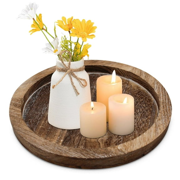 Rustic Wooden Candle Plate Holder, Round Farmhouse Decor Tray for Christmas, Wedding, and Halloween Table Centerpiece