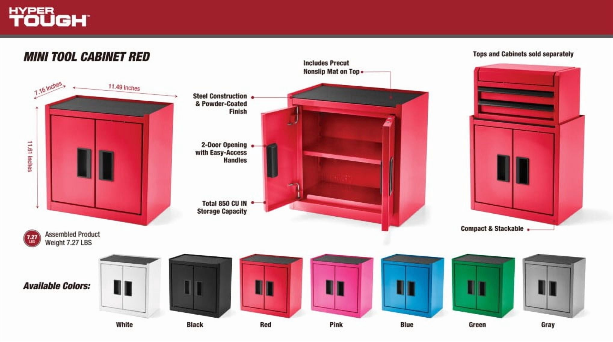 Hyper Tough Mini Tool Cabinet, 11.6-Inch Steel Storage, Red, Double Doors, Non-Slip Top Mat