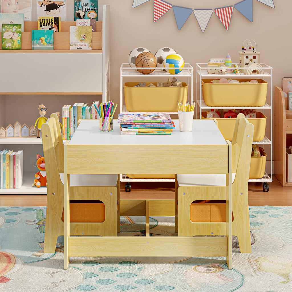 Aiho Kids Table and 2 Chairs Set, 4-in-1 Kids Table Set, Child Activity Desk with Chalkboard/Whiteboard - Retro