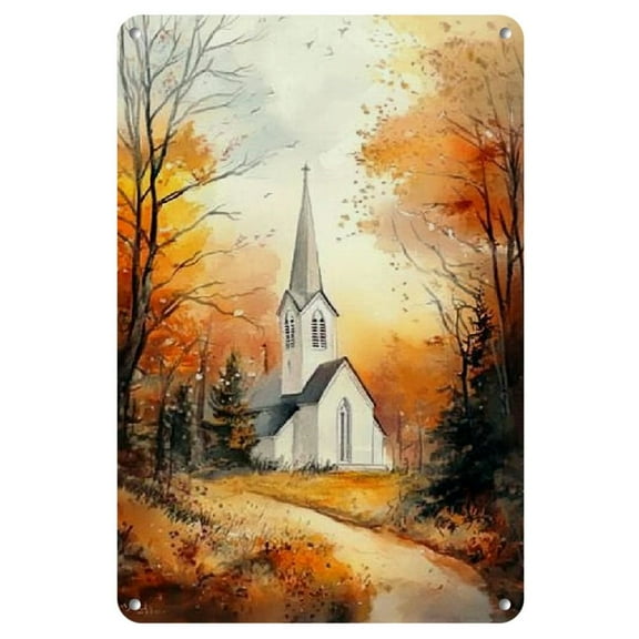 Charming Autumn White Church Metal Sign - Vintage Wall Art for Indoor/Outdoor Decor, 8x12 Inches