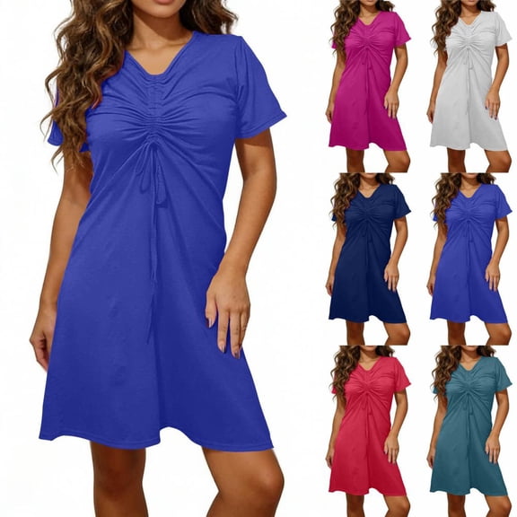 Bxsruta Women's V-Neck Ruched Short Sleeve Nightgown Soft Loose Sleep Dress