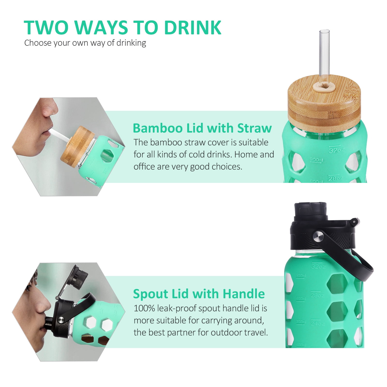MUKOKO 32oz Glass Water Bottles, Motivational Water Tumbler with 2 Lids-Handle Spout Lid&Bamboo Straw Lid, Time Marker Reminder and Silicone Sleeve, Green