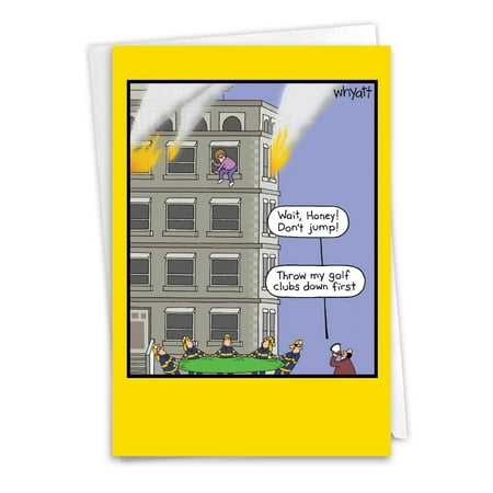 Funny Father's Day Paper Card with 5 x 7 Inch Envelope (1 Card) Dad Golf Clubs Fire C5391FDG