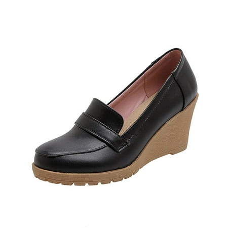 

IELGY Women s loafers solid color wedge heel mid heel round toe shallow