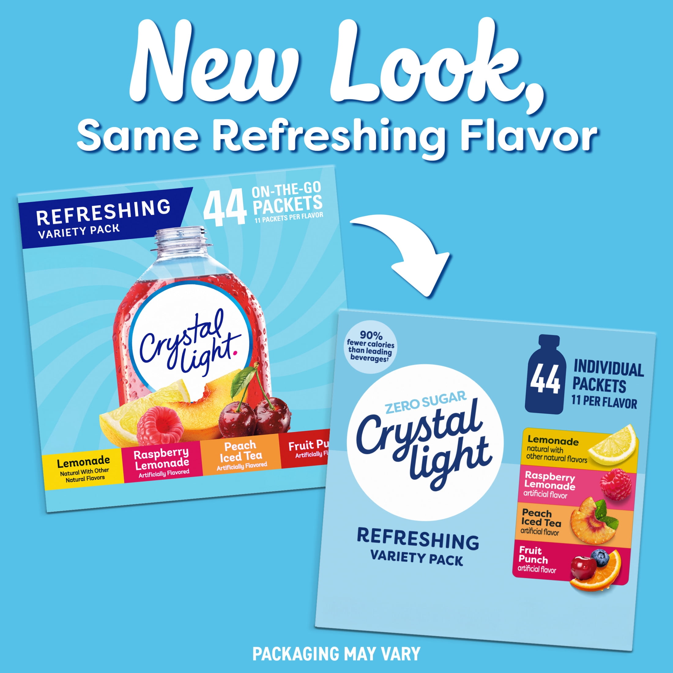 (3 pack) Crystal Light Refreshing Drink Mix Variety Pack, 44 Packets, for Convenient Hydration, Lemonade, Raspberry Lemonade, Peach Iced Tea, Fruit Punch, Natural and Artificial Flavor, Zero Sugar, 4.18 oz