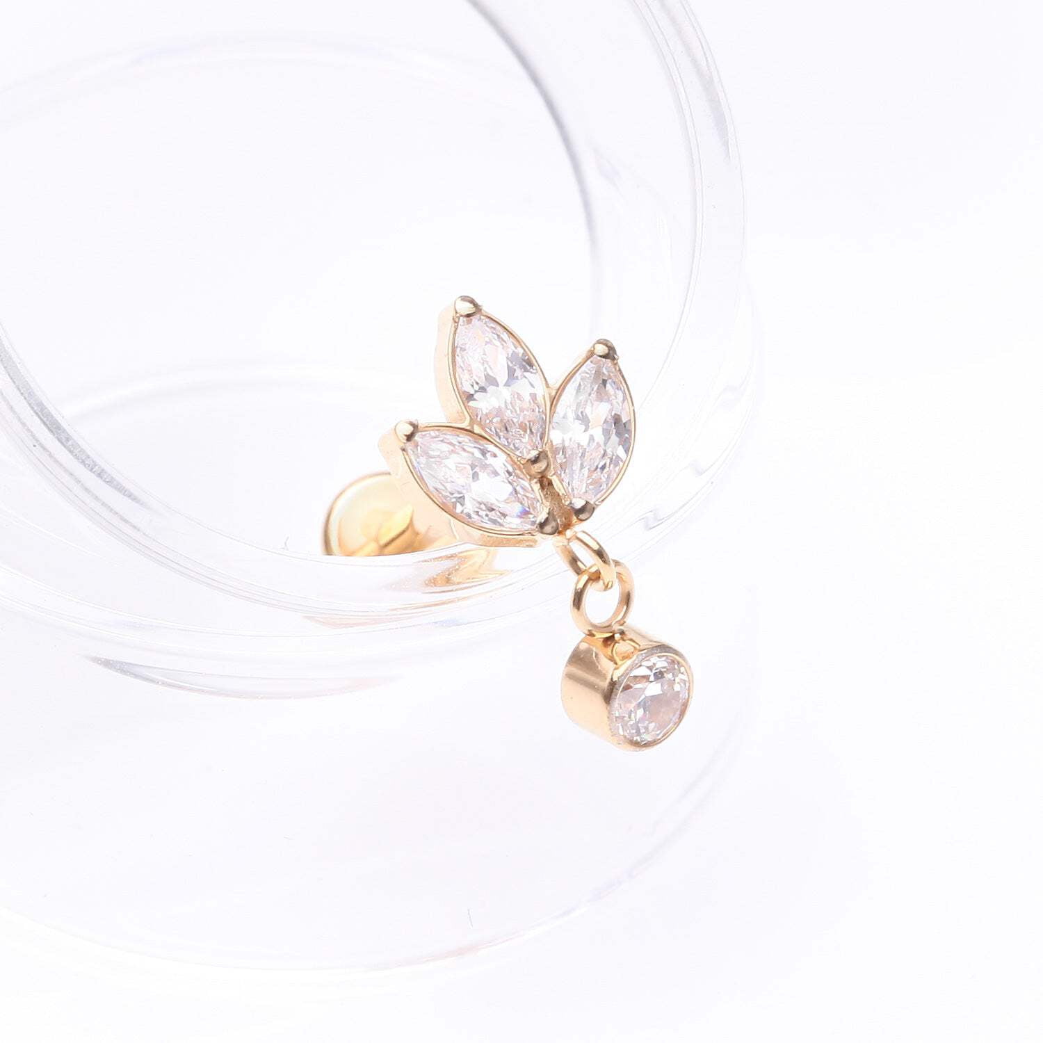 Implant Grade Titanium Golden Marquise Flower Sparkle Dangle Internally Threaded Flat Back Stud Labret