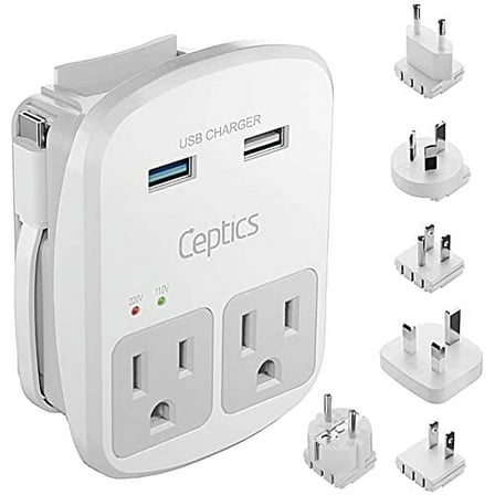 Ceptics World Travel Adapter Kit - 2 USB   2 US Outlets, Surge Protection, Plug for Europe, UK, China, Australia, Japan