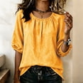 thumbnail image 2 of Zynoxe Womens Cotton Linen Tops Casual Ruched Crew Neck Mid-Length Sleeves Blouses Summer Flowy Solid Color Peasant Gauze Plus Size Tops Yellow 4XL, 2 of 6