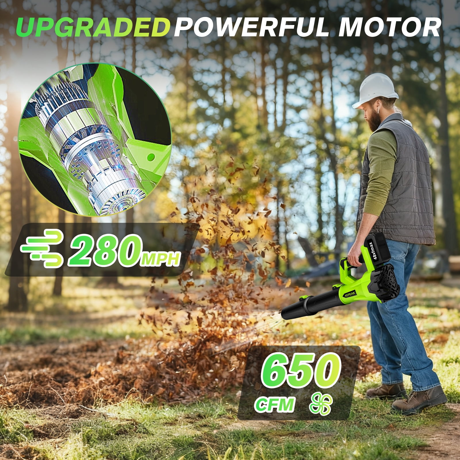 Cordless Leaf Blower 21V 440W 47m/s, Brushless Motor with 2 X 1300mAh Batteries and Nylon Carry Bag