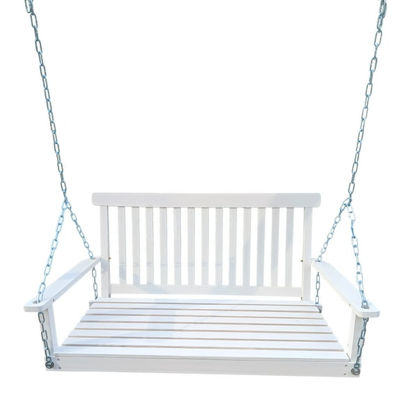 Patio Furniture Front Porch Swing with Armrests, Wood Bench Swing with Hanging Chains,for Outdoor Patio ,Garden Yard, porch, backyard, or sunroom,Easy to Assemble,white,Outdoor Sofa