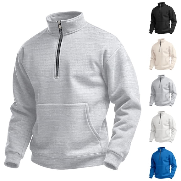 Men's Casual Outdoor High Neck Half Zip Pocket Pullover Long Sleeve Top, Waffle Knit Shirt for Fall, Hiking and Utility Wear,Black,L