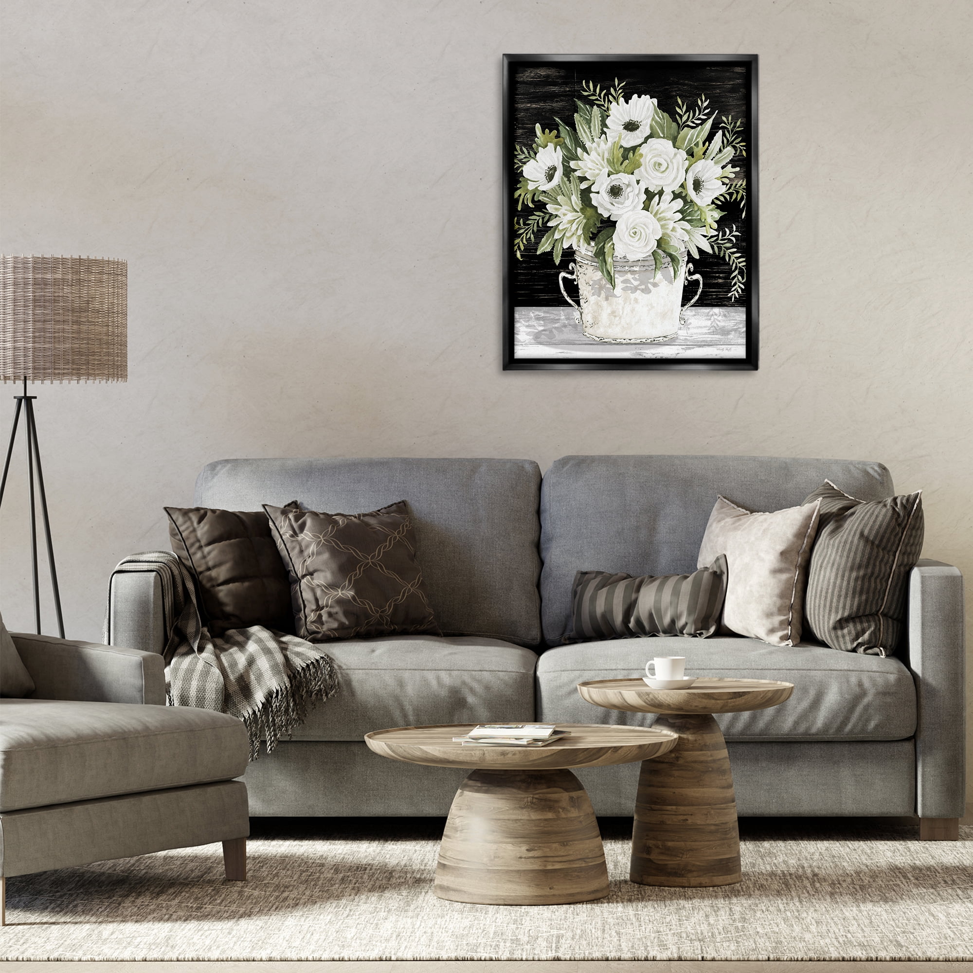 Stupell Industries White Flowers Country Tin Plants & Flowers Painting Black Floater Framed Canvas Art Print Wall Art, 25 x 31