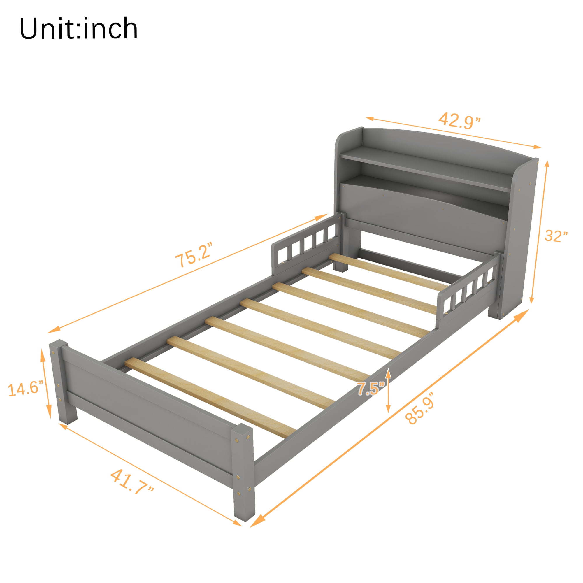Leumius Twin Pine Wood Bed with Bookcase Headboard, LED Motion Sensor Light, Guardrails for Boys Girls Grey