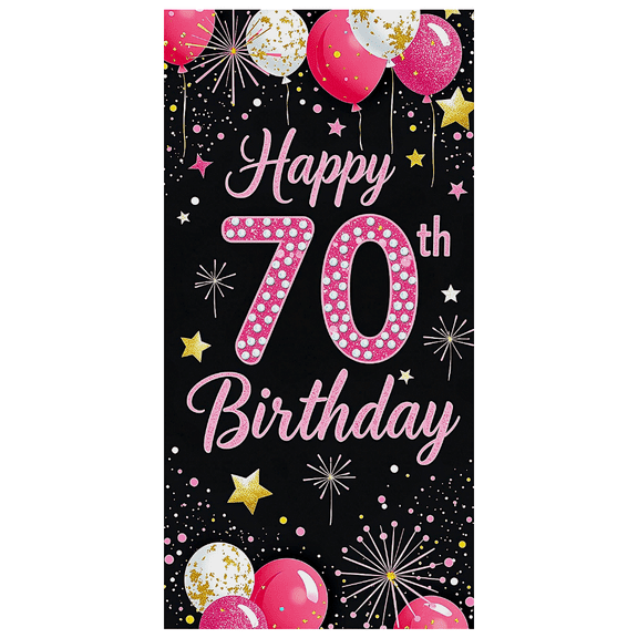 Black Backdrop Banner with Pink Gold Balloons Stars Fireworks Happy 70th Birthday Party Decoration Photography Props Party Supplies Background Decor