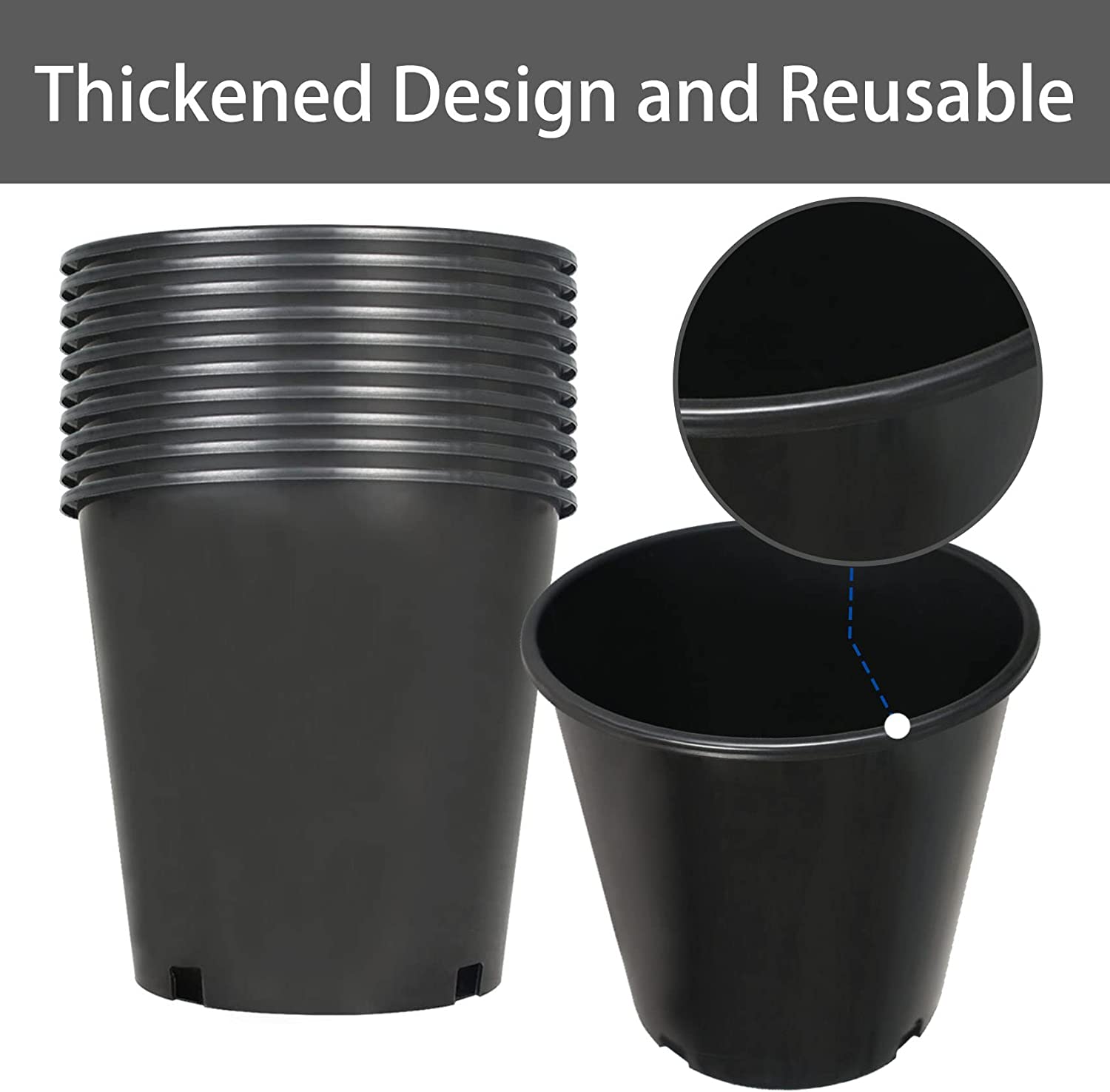 Plant Nursery Pot 10-Pack 1 Gallon Plastic Garden Planter Pots Flower Seedling Injection Molded Container Seed Starting Pot Set for Indoor Outdoor Plants Seedlings Vegetables Black