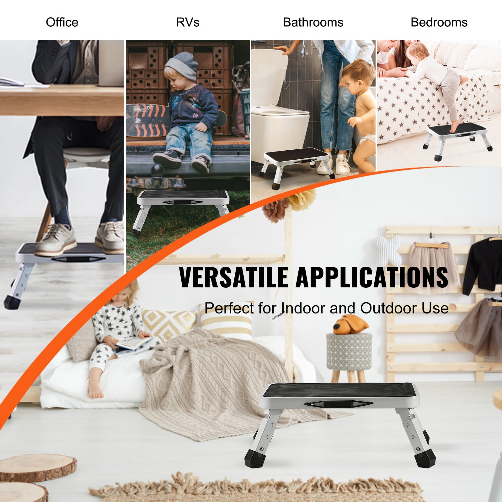 VEVOR Step Stool 1-Step 330lbs Capacity, Folding Steel Step Ladder 3 Adjustable Height, Portable Step Stools for Adults, Non-Slip Sturdy Step Ladders for Office, RVs, Pets, Bathrooms,Bedrooms