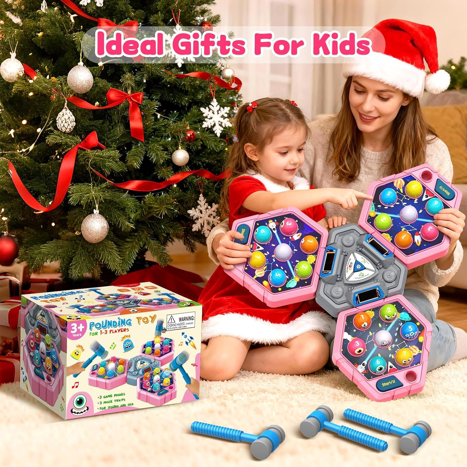 3-Player Whack Game Mole Toy for Ages 3+, Early Learning Toy with Lights & Sounds, Interactive Pounding Hammer Toy with 3 Game Modes, Perfect for Families