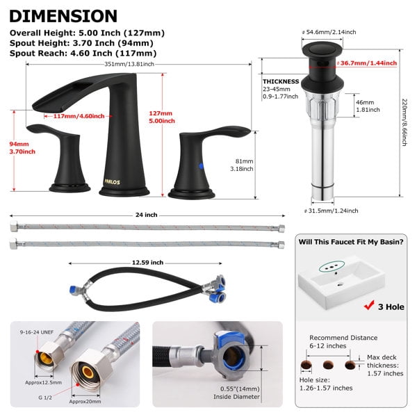 PARLOS Widespread 2-handle Waterfall Bathroom Faucet with Drain Assembly