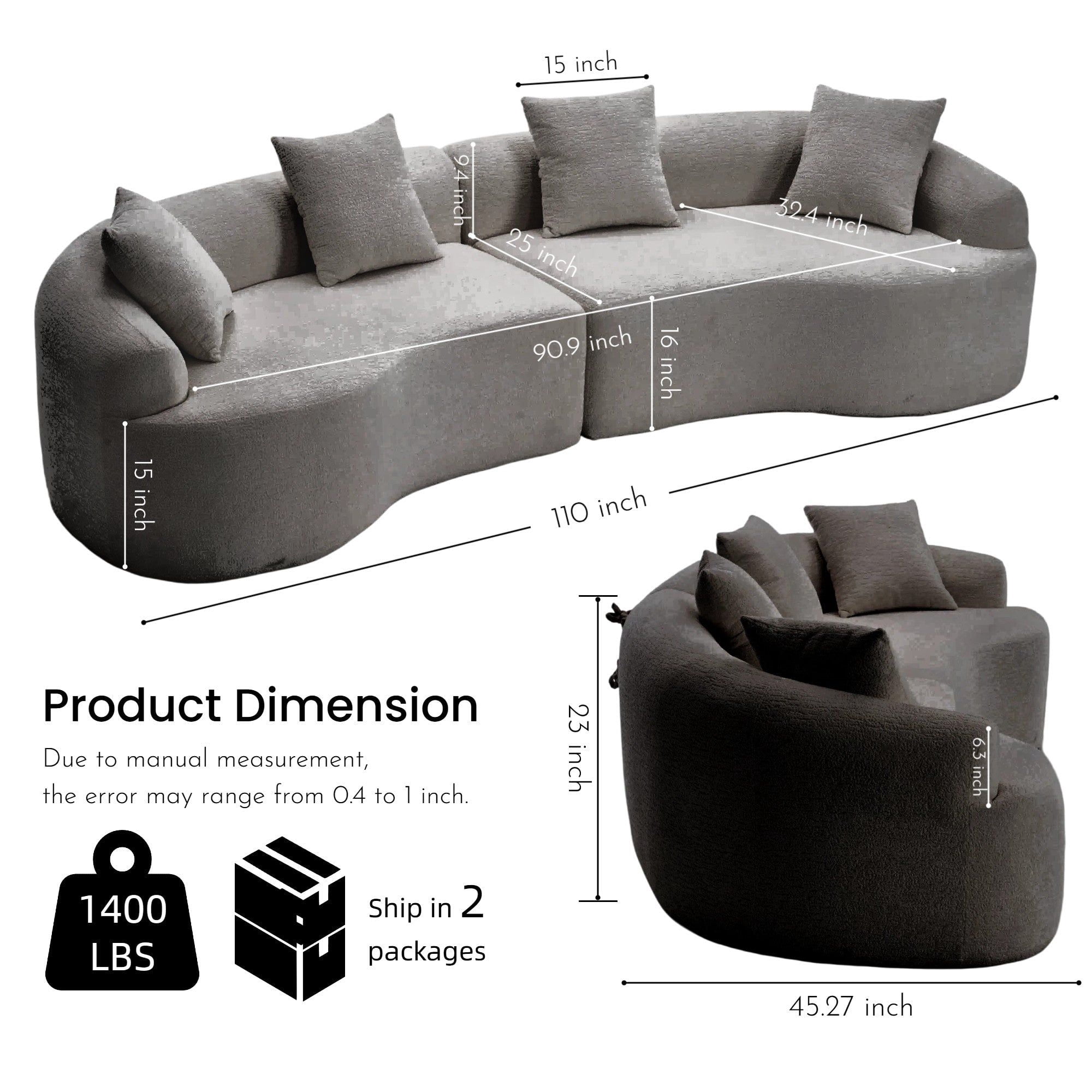Sailvan 110" Boneless Modular Sectional, Chenille Sleeper Couch for Living Room Apartment