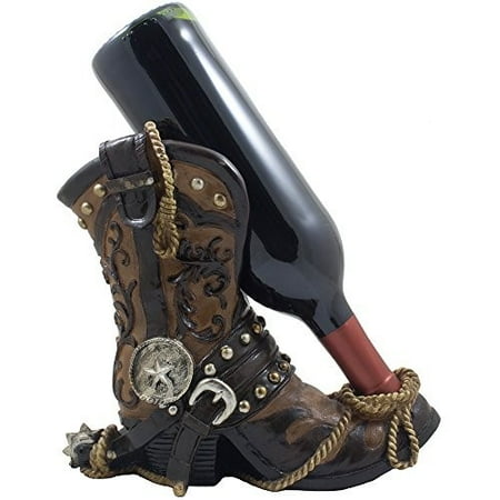 Wine Country Kitchens - Fancy Cowboy Boot Wine Bottle Holder Decorative Display Stand Statue with Rope, Spur & Texas Star for Country Western Bar Decor and Kitchen Countertop Wine Racks As Great Gifts for Cowboys