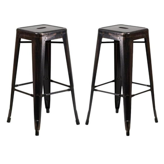 Home Square 30" Backless Metal Bar Stool in Black and Antique Gold - Set of 2