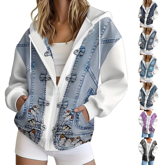Breezora Women's Hooded Zip Up Denim Butterfly Print Sweatshirt Loose Fit Long Sleeve Casual Jacket with Pockets