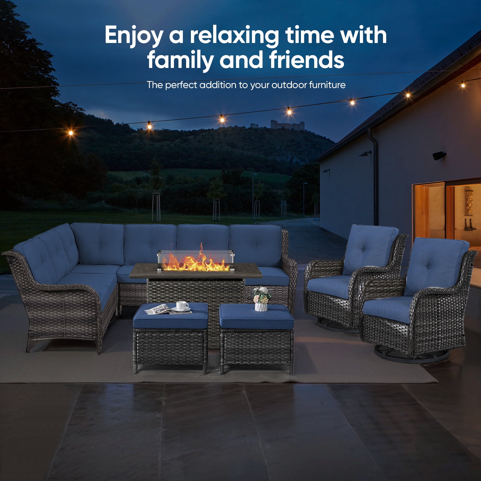 Gymojoy Gray 41 in. 50000 BTU Rectangular Wicker and Metal Propane Outdoor Dining Fire Pit Table with Glass Wind Guard Lid,Lava Rocks