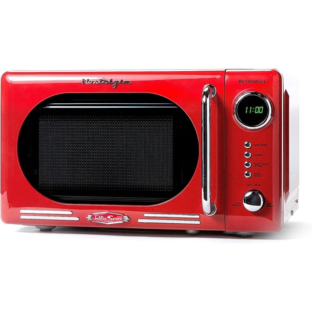 Nostalgia Four à Micro-Ondes Rétro Compact de Comptoir - 0,7 Pi3 - 700 Watts avec Écran Numérique DEL - Verrouillage pour Enfants - Intérieur Facile à Nettoyer - Rouge