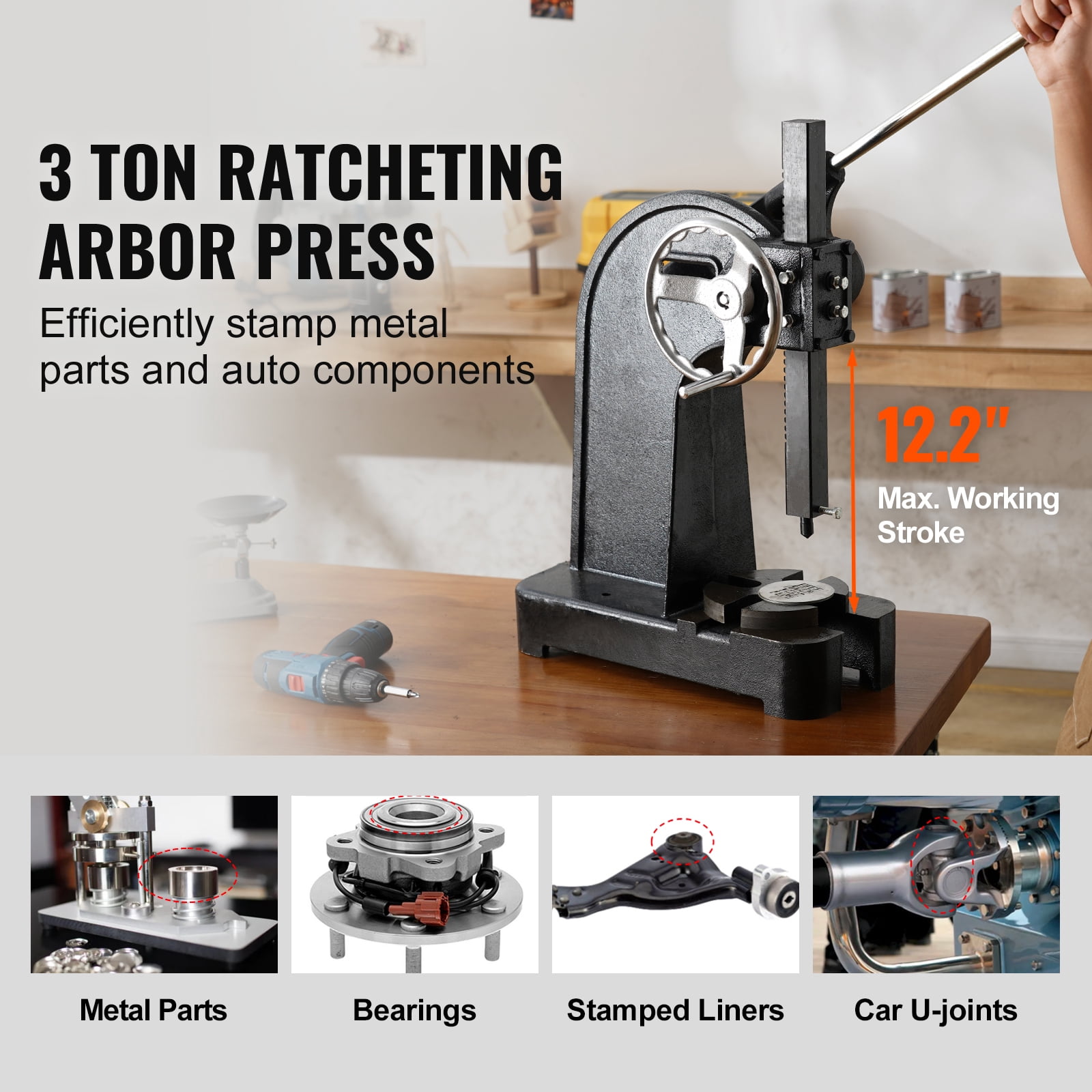 SKYSHALO 3 Ton Ratchet Type Arbor Press, 12.2" Maximum Height Cast Iron Manual Desktop Punch Press, for Stamping, Bending, Stretching, Forming???Ratchet Leverage Arbor Press with Handwheel