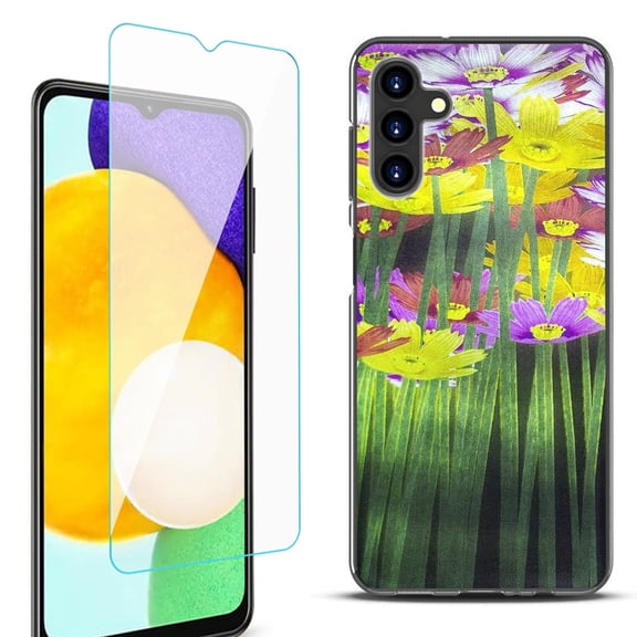 Slim-Fit Protective Fashion Phone Case (Black) for Samsung Galaxy A13 5G, with Tempered Glass Screen Protector, by OneToughShield ® - Dream Flower