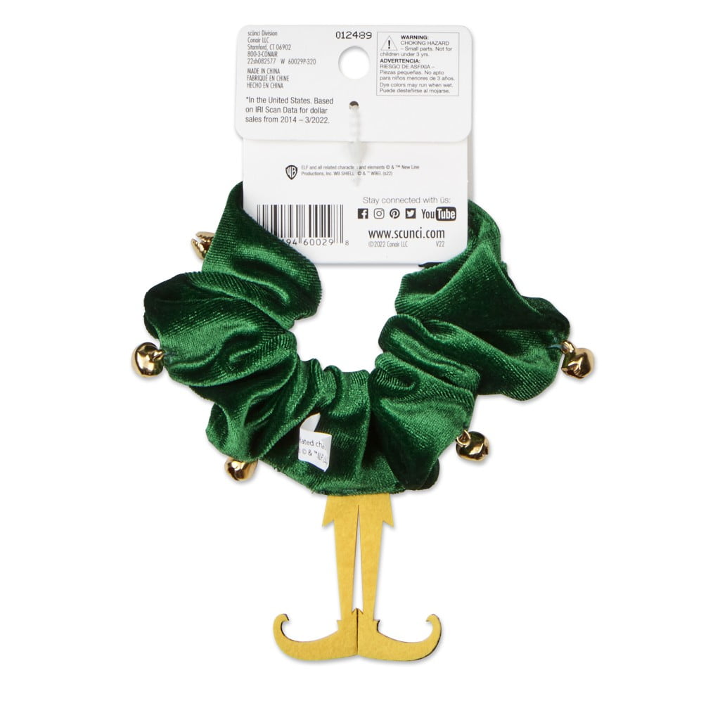 Scunci Elf Scrunchie Hair Tie with Jingle Bells and Buddy the Elf Legs, Green