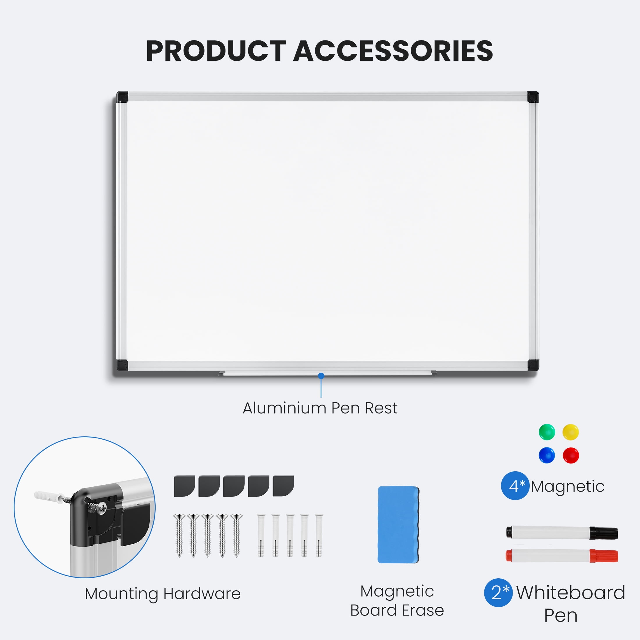 JIOABL 36"x24" Magnetic Dry Erase Board Dual Mounting Options Removable Pen Tray Aluminium Frame, White