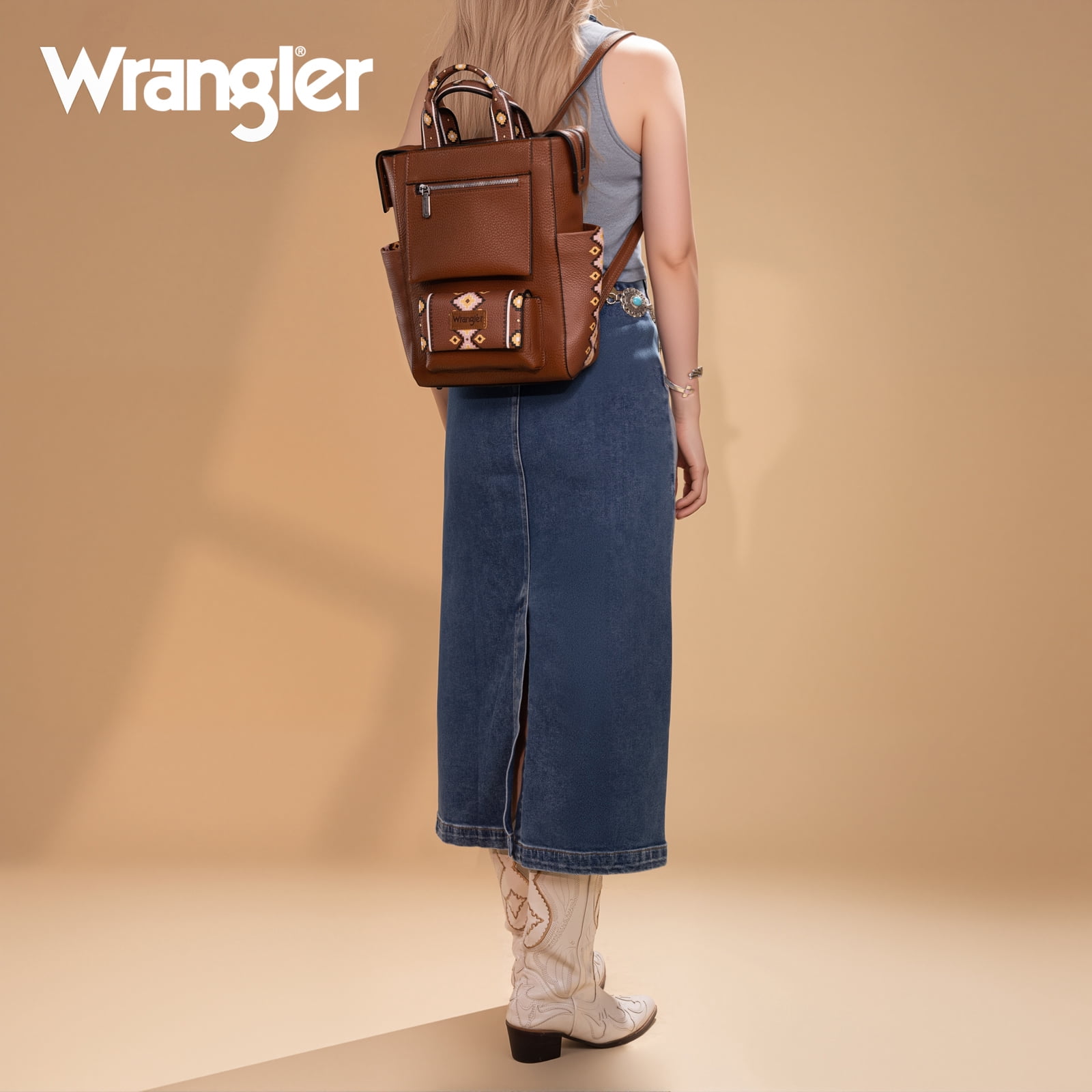 Wrangler Aztec Women Backpack Purse Convertible Fashion Ladies Anti Theft with Adjustable Strap, Dark Brown