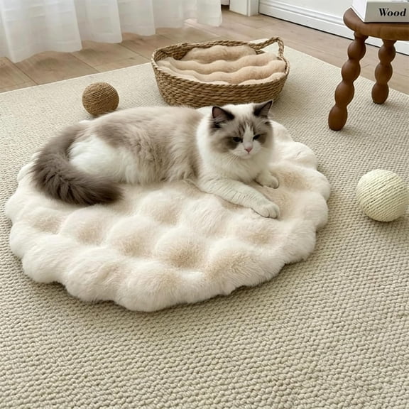 HIJUNE Pet Cushion Pad Self-Warming Faux Rabbit Fur Cat & Dog Bed, Round Plush Memory Foam Mat with Non-Slip Bottom, Soft Fluffy Cushion for Carrier House Cage Kennel Furniture