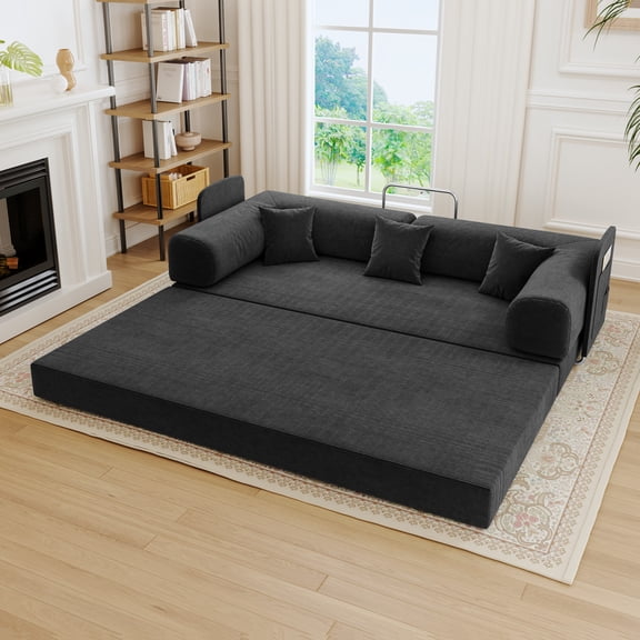 Zoopower 79" Floor Futon Sofa Bed for Living Room, Convertible Corduroy Sleeper Couch Bed, Foldable Boneless Loveseat Couch for Bedroom, Black