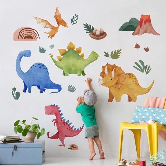 Baby Dinosaur Wall Decals Stickers, Dino Volcano Cave Neutral Nursery Toddler Playroom Decor, Kids Room Home Decorations Girls Boys Bedroom Classroom Daycare Art