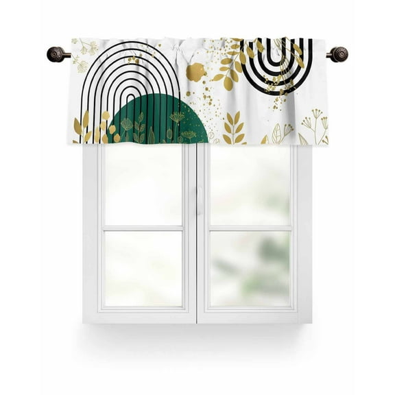 Green Gold Leaf Black Circle Kitchen Valances for Windows Boho Mid Century Valance Curtains  for Kitchen /Living Room/Bedroom/ Bathroom Decor, 42"x12 " ,Rod Pocket 1 Panel,