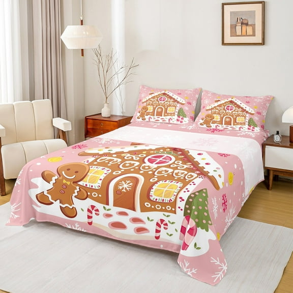 Manfei Kawaii Gingerbread House Twin Sheet Sets 3 Pieces, Pink Xmas Tree Twin Fitted Sheet for Girls, Merry Christmas Flat Sheet, Microfiber Bedroom Decor