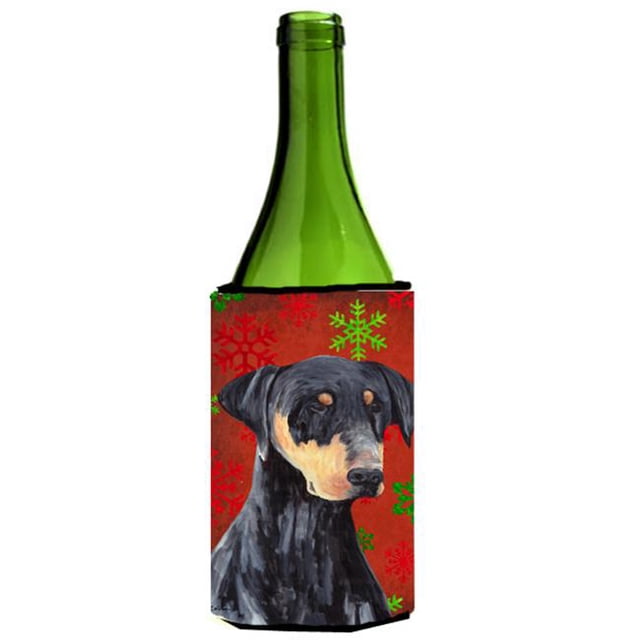 Doberman Red and Green Snowflakes Holiday Christmas Wine Bottle Hugger