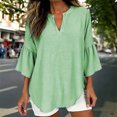 thumbnail image 2 of Stamzod Summer Tops for Women Solid Color Ruffle Cotton Linen Shirts Spring 3/4 Length Sleeve V-Neck Blouses for Women Green M, 2 of 5