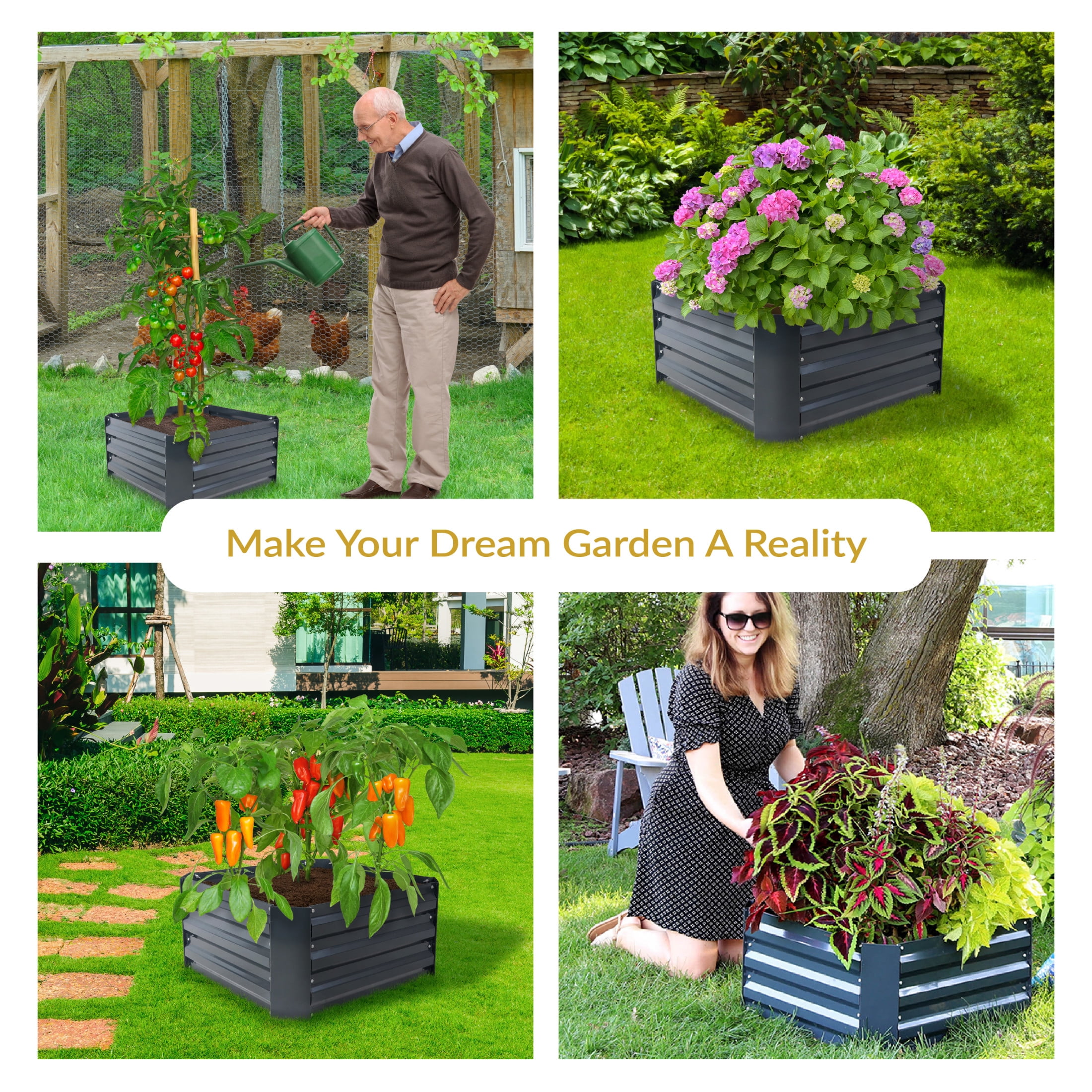 Sunnydaze 24" x 24" x 11.75" Square Dark Gray Galvanized Steel Raised Garden Bed