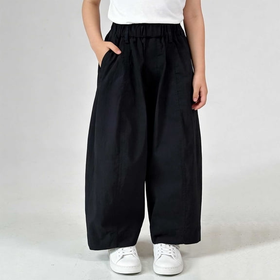 SGFCWSX Girls Wide Leg Pants Elastic Waist Loose Fit Casual Pants with Pockets for Kids Black Size 2-3 Years