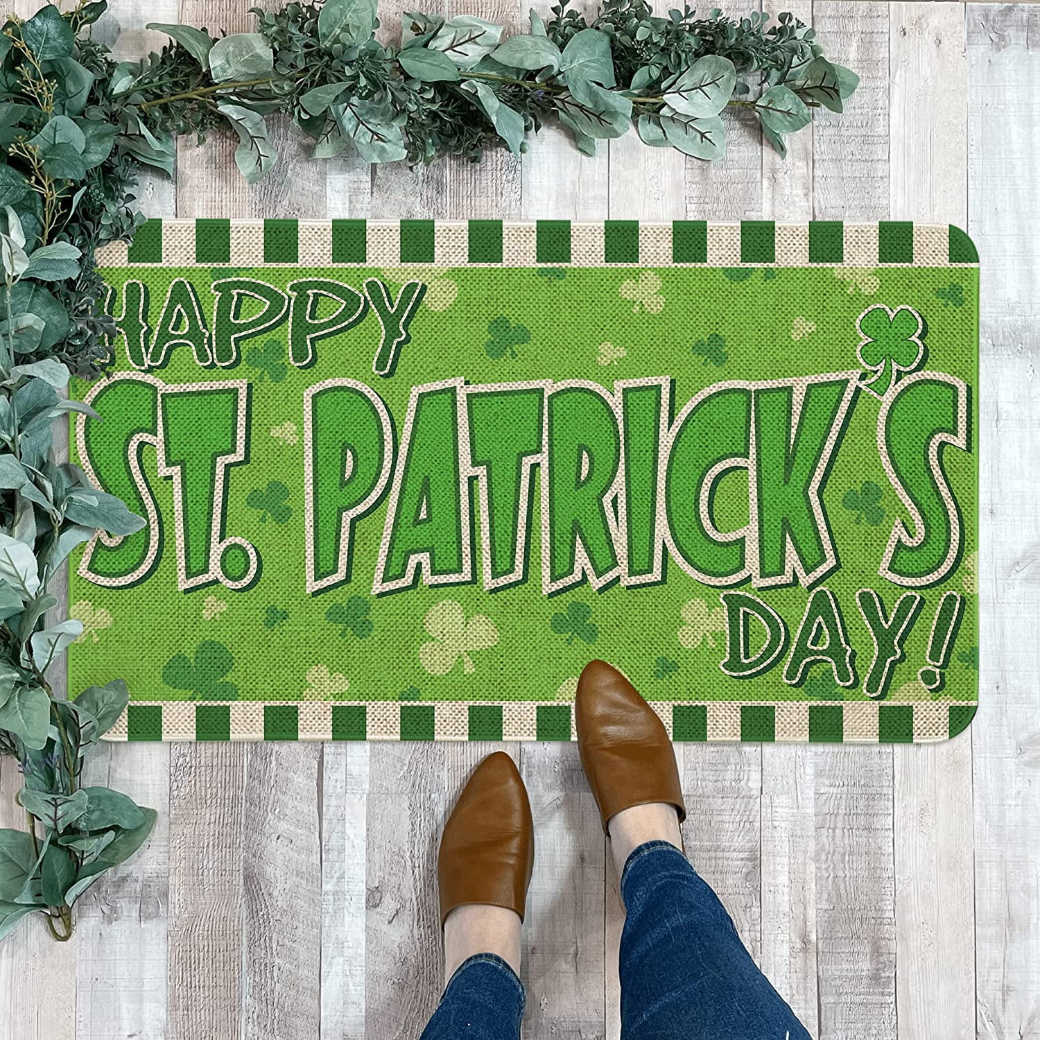 Roszwtit Happy St Patricks Day Door Mat 30 X 17 Inch Green Shamrock Doormat Indoor Outdoor Entrance Floor Rug St Patricks Day Decor Non Slip Rubber Welcome Mats