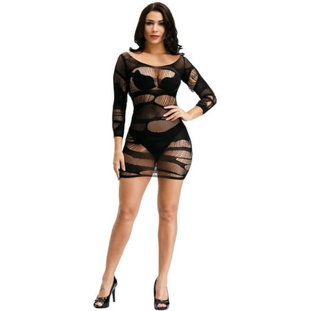Generic Sexy Fishnet Clothes Hollow out Hip Skirt Free off plus Size Sexy Underwear Long Sleeve See-through Fishnet Clothes