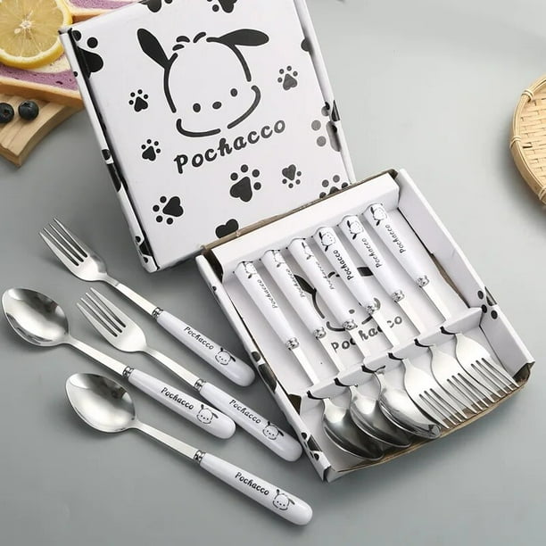 Vajilla Kawaii Sanrio con estampado de Pochacco de dibujos animados juego de caja de regalo de cuchara de acero inoxidable cuchara para el hogar tenedor cuchara de postre regalo Walmart en