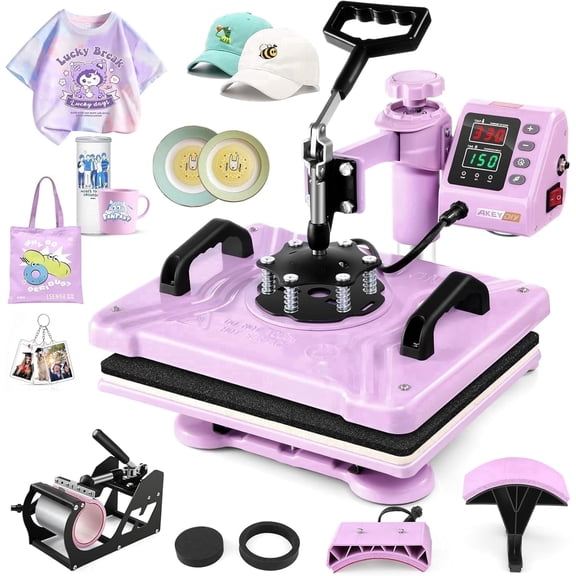 Adnoom 5 in 1 Heat Press Machine Combo,360°Swing Away Sublimation Heat Transfer 15"x12", Digital shirt Press Machine for Hat Cap Mug Plate,Pink Purple