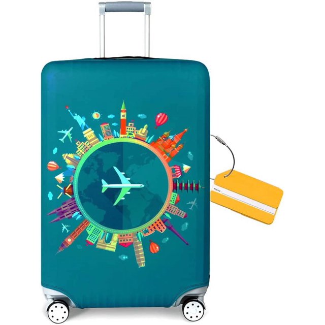 Funda protectora elástica para equipaje de viaje para maleta de 22 a 28 pulgadas (envío de etiqueta de equipaje gratis) (M, plano verde)